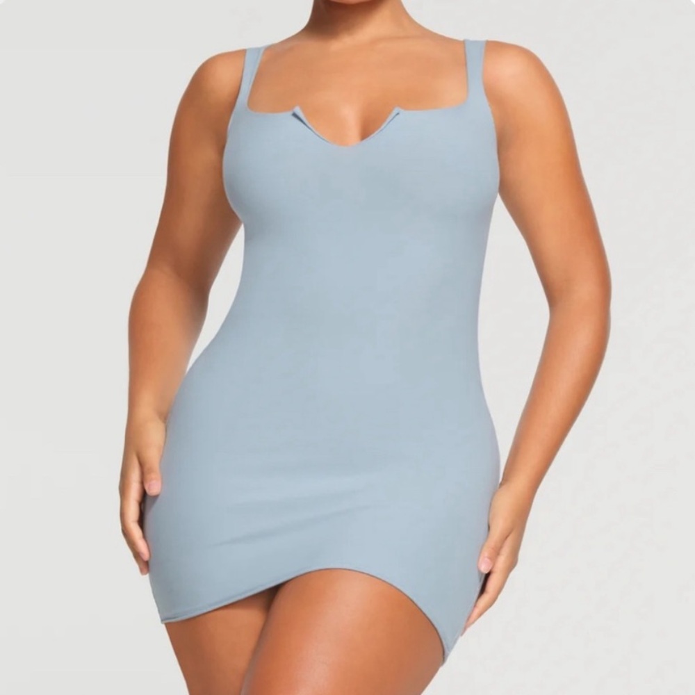 SKIMS Raw Edge Slit Front Mini Dress in Denim